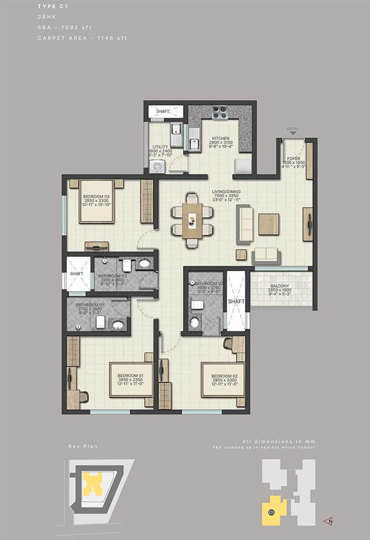 3 BHK 1692 - Sobha City Athena