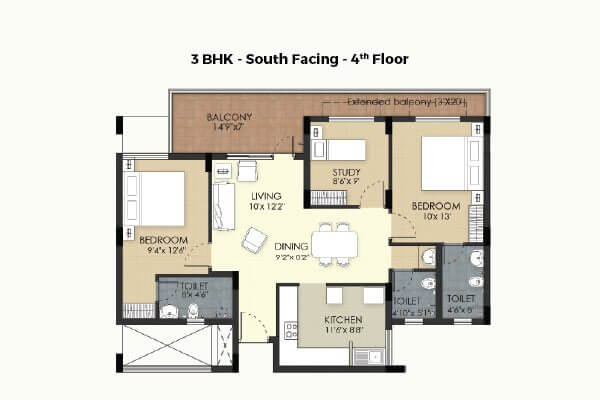 3 BHK South 4th - TVS Emerald Green Acres