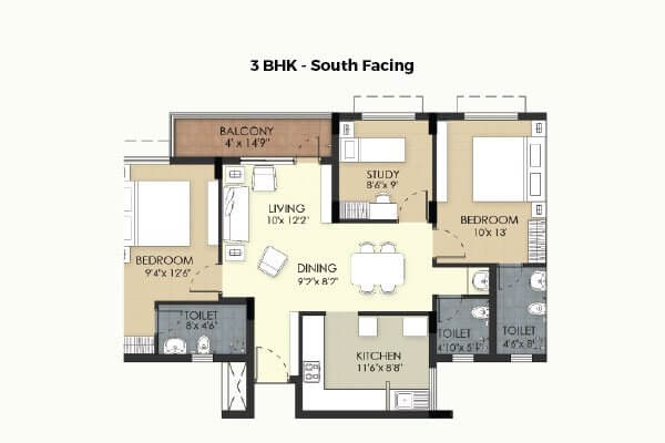 3 BHK South - TVS Emerald Green Acres