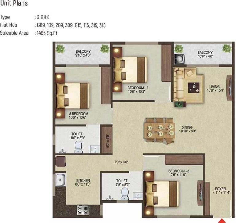 3 BHK - 1485 - Sowparnika Pragati Sarjapur