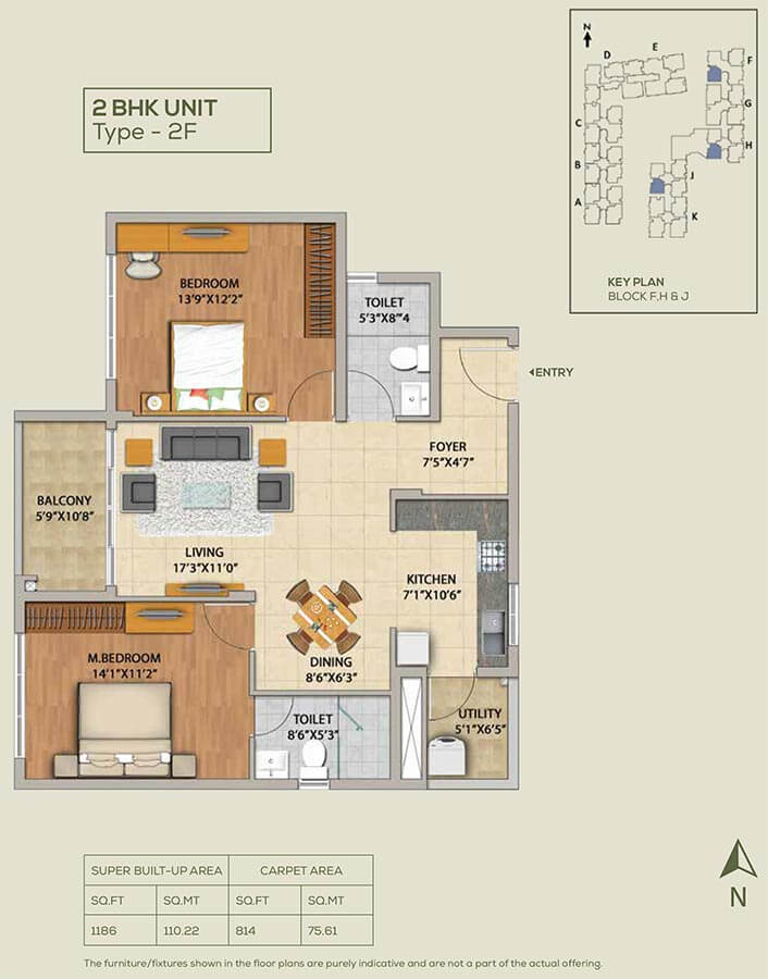 2 BHK - 1186 - Adarsh Pinecourt Hennur