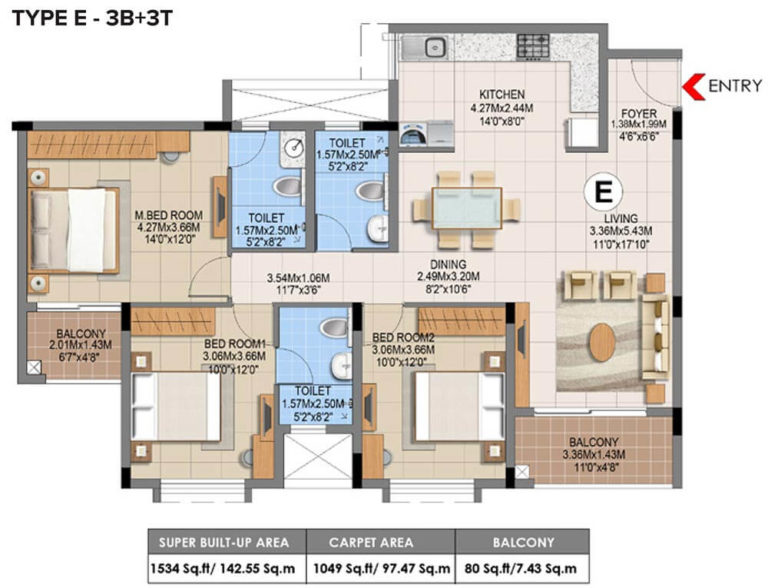 3 BHK - 1534 - Brigade Gem Terraces Sarjapur