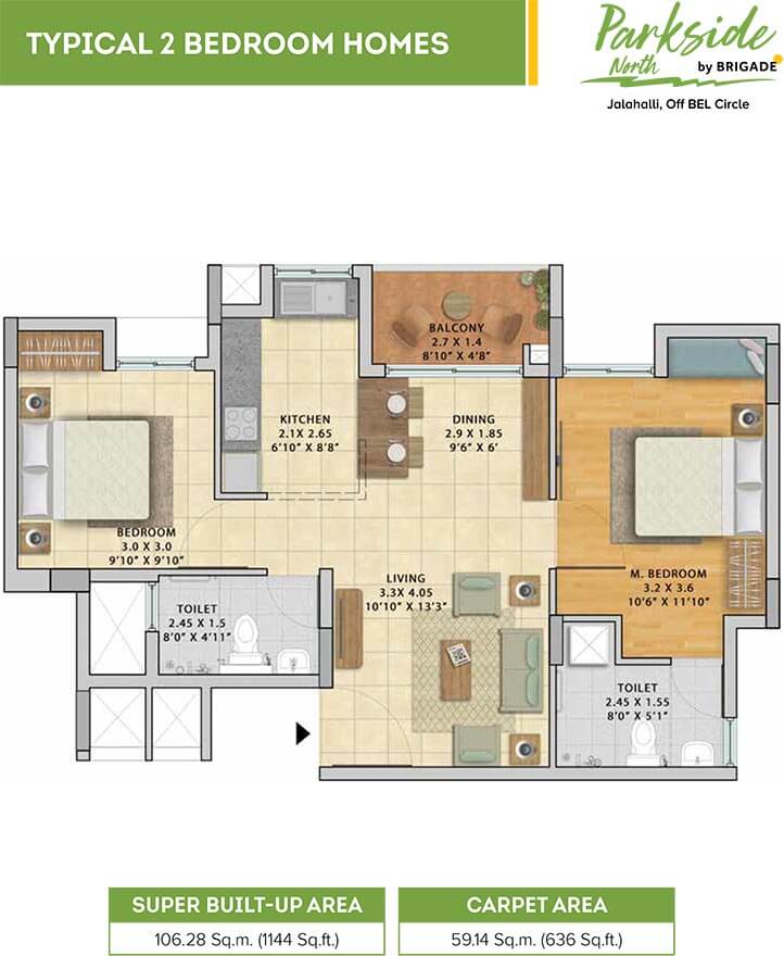 2 BHK - 1144 - Brigade Parkside North Jalahalli