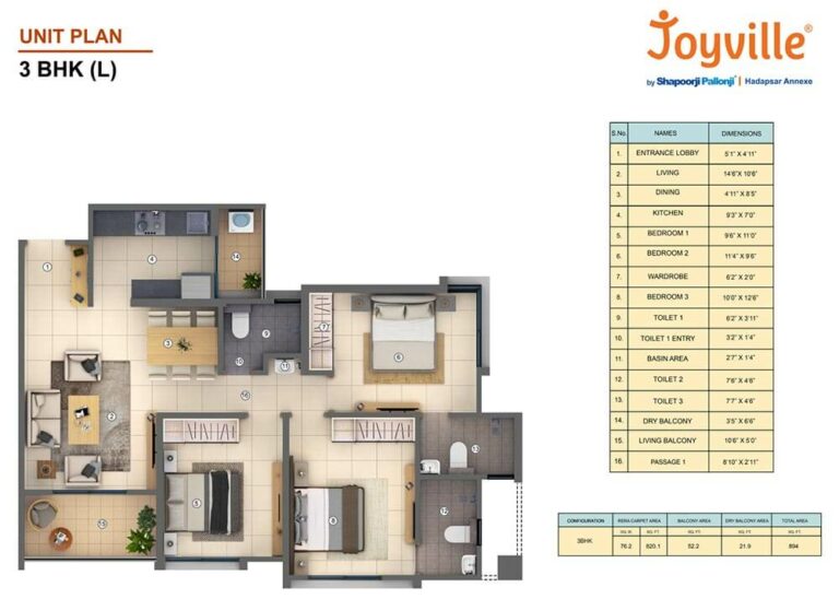 3 BHK L - Shapoorji Pallonji Joyville Hadapsar
