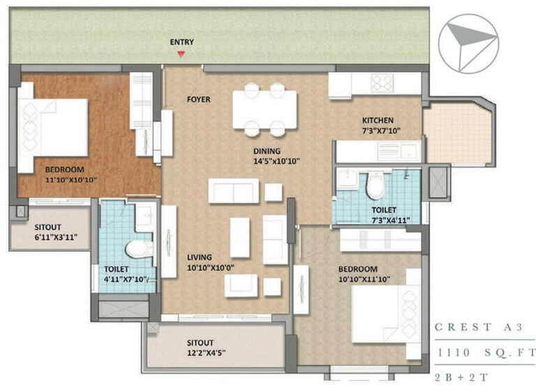 2 BHK 2T - 1110 - Monarch Aqua