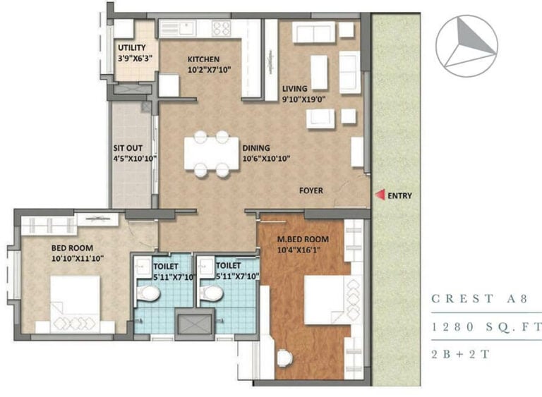 2 BHK 2T - 1280 - Monarch Aqua
