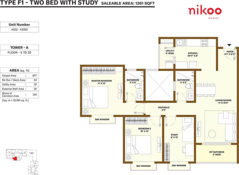 2 BHK Study - 1361 - Nikoo Homes 4