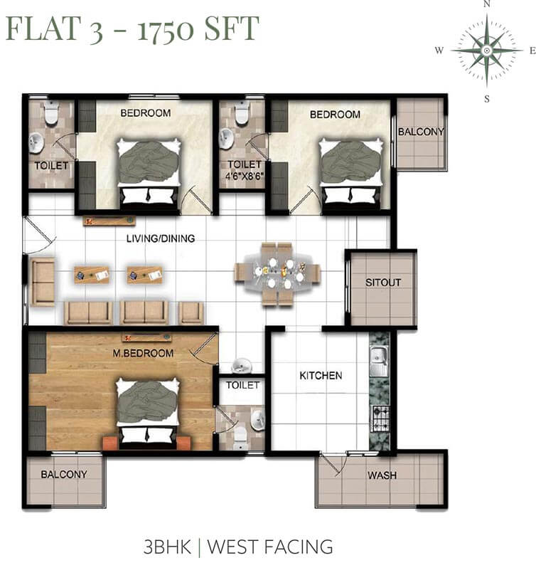 3 BHK - 1750 - Manbaum HomeTree