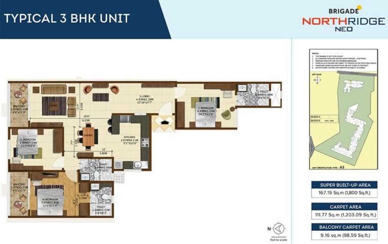 3 BHK - 1800 - Brigade Northridge Neo
