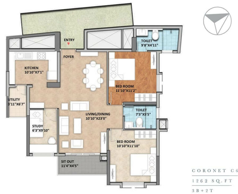 3 BHK 2T - 1262 - Monarch Aqua