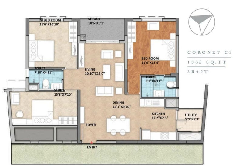3 BHK 2T - 1365 - Monarch Aqua