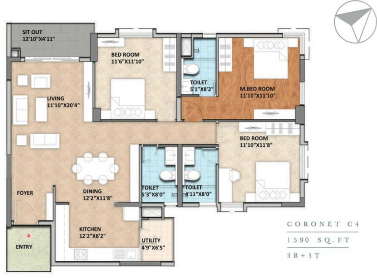 3 BHK 3T - 1590 - Monarch Aqua