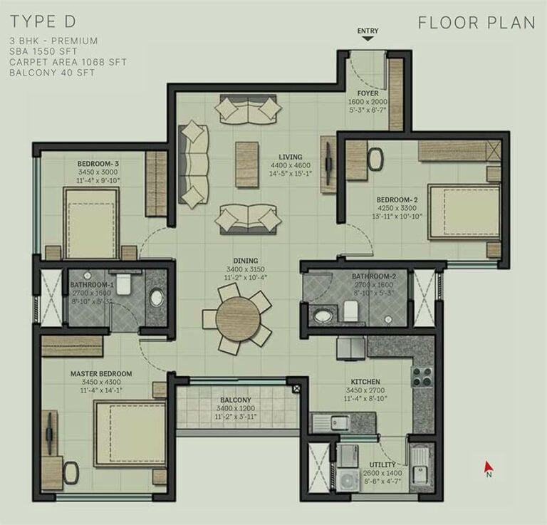 1550 3 BHK Premium - Sobha Arbor