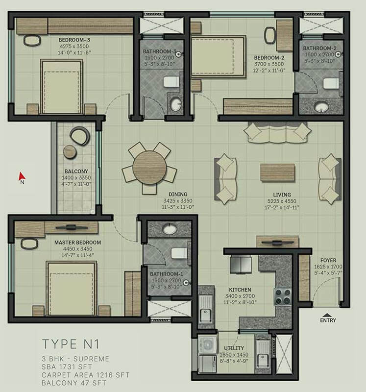 1731 3 BHK Supreme - Sobha Arbor