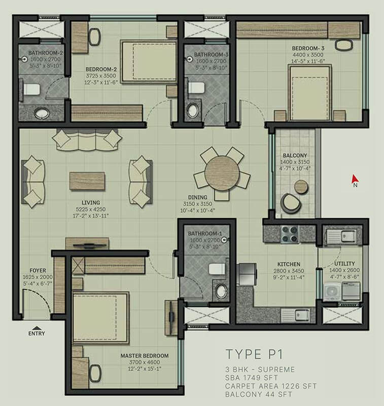 1749 3 BHK Supreme - Sobha Arbor