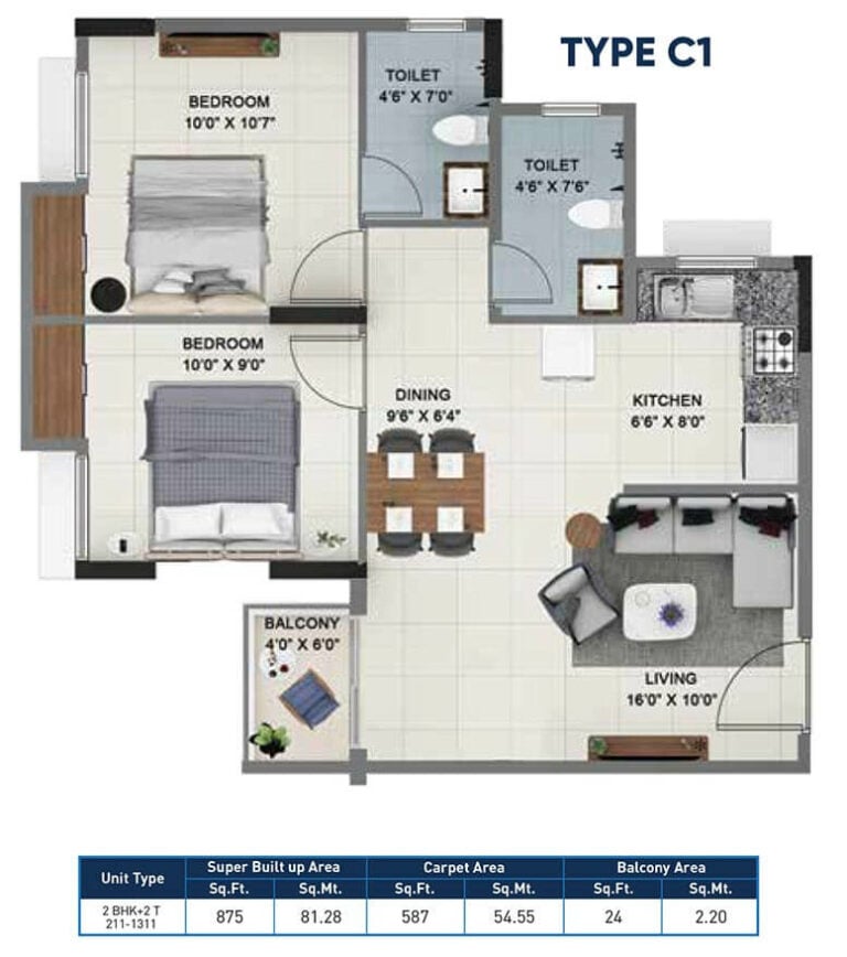 2 BHK - 875 - Salarpuria Sattva Ashraya