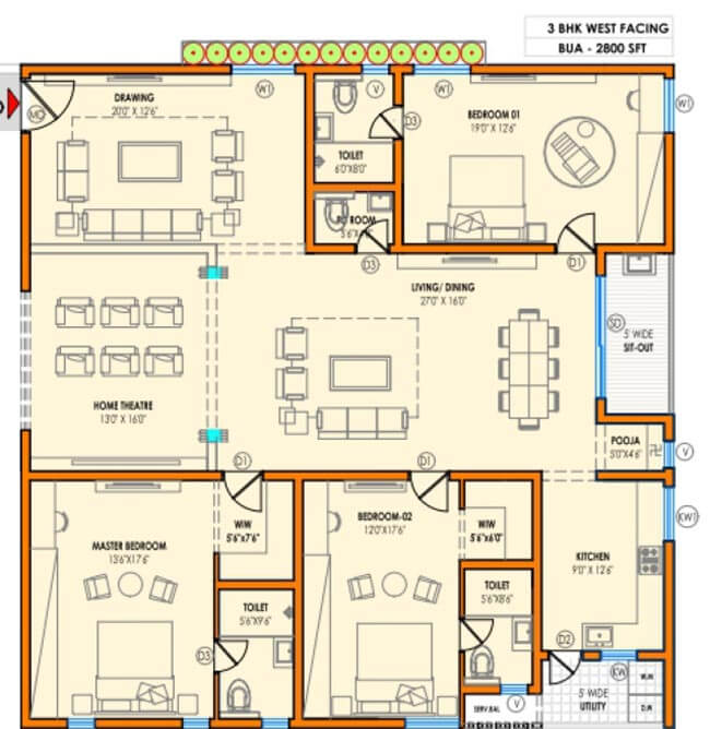 2800 - 3 BHK - Vasavi Atlantis Hyderabad
