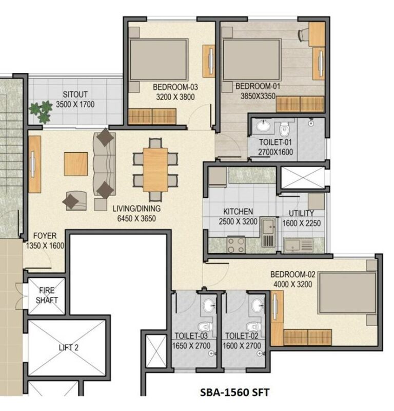 3 BHK - 1560 - Sobha Palm Court