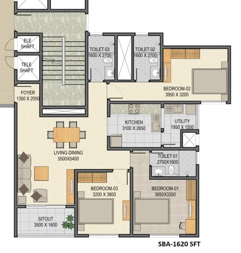 3 BHK - 1620 - Sobha Palm Court
