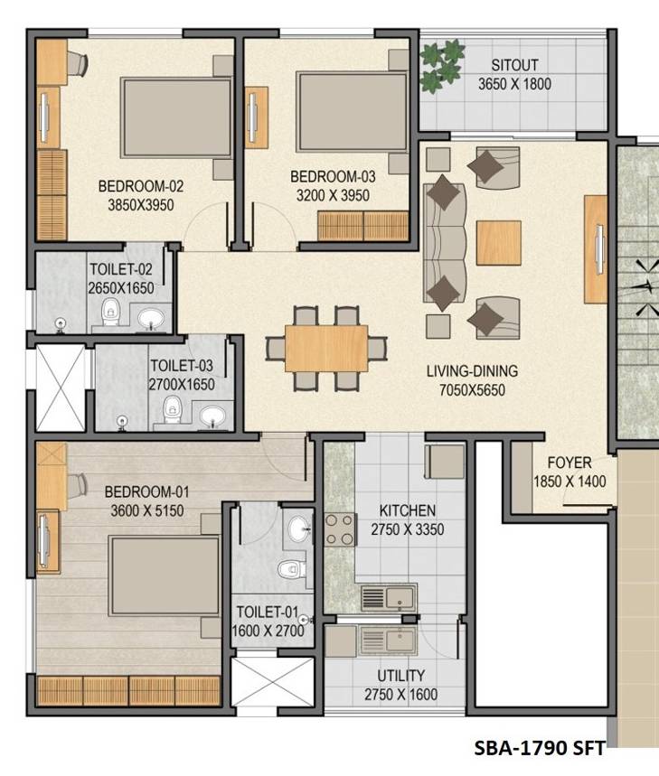 3 BHK - 1790 - Sobha Palm Court