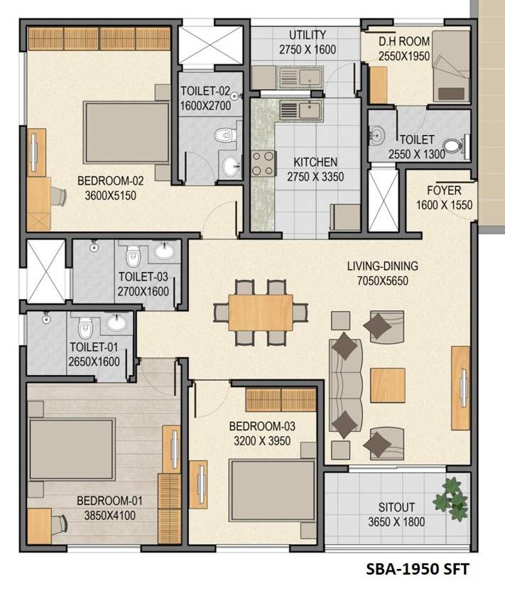 3 BHK - 1950 - Sobha Palm Court