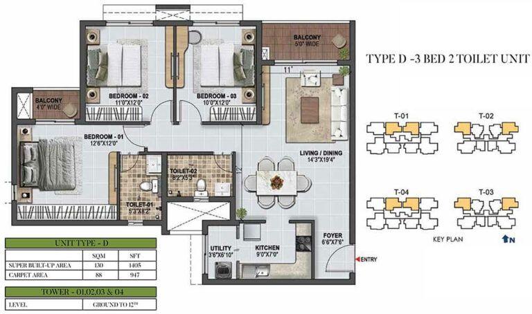 1405 3BHK+2T - Prestige Green Gables