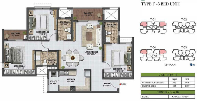 1636 3BHK - Prestige Green Gables