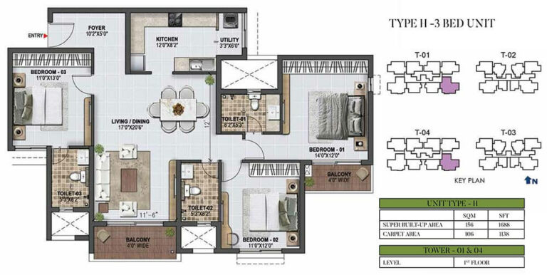 1688 3BHK - Prestige Green Gables