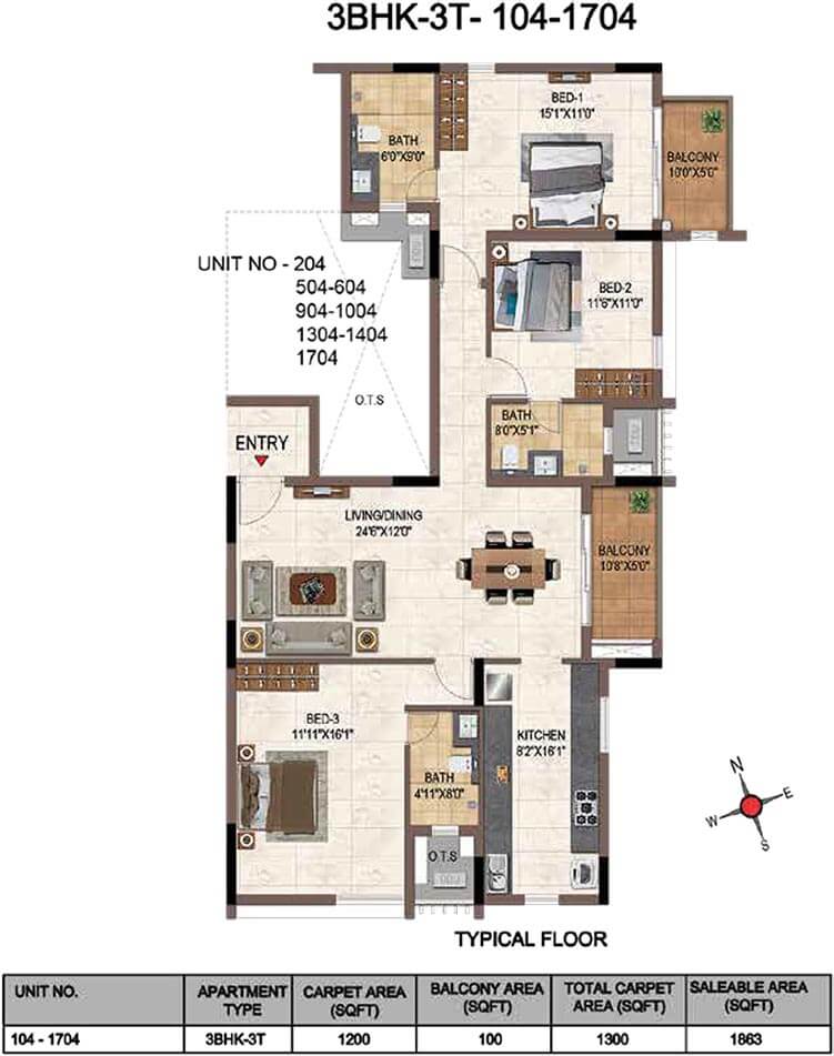 1863 3BHK+3T - Casagrand Galileo