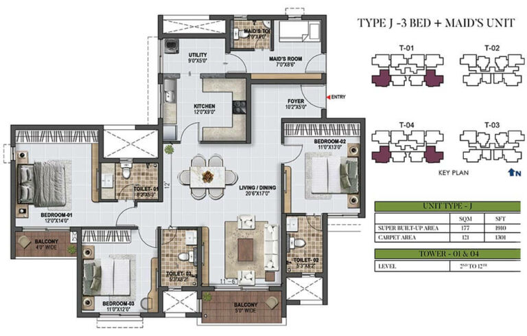 1910 3BHK+MR - Prestige Green Gables