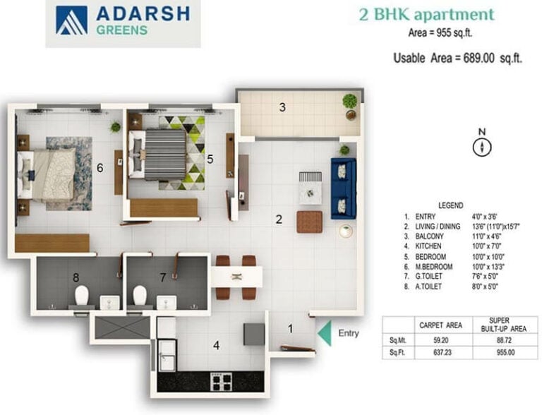 955 2BHK Grand - Adarsh Greens Kogilu