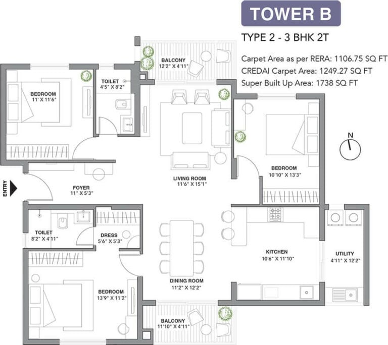 1738 3BHK+2T - Assetz 22 & Crest Yeshwanthpur
