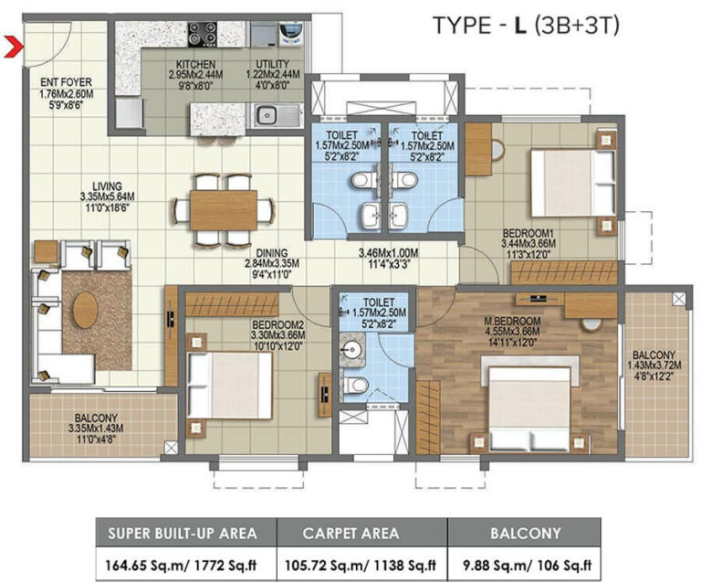1772 3BHK+3T - Brigade Komarla Heights