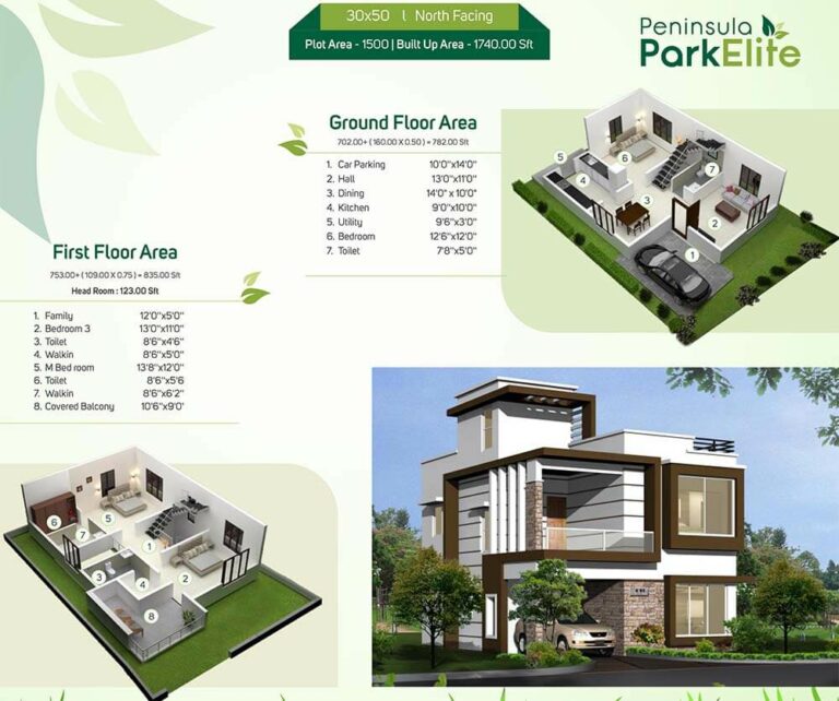 30x50 1740 3BHK Duplex North - Peninsula Park Elite Villas