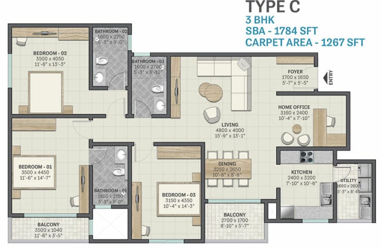 1784 3BHK - Sobha Victoria Park