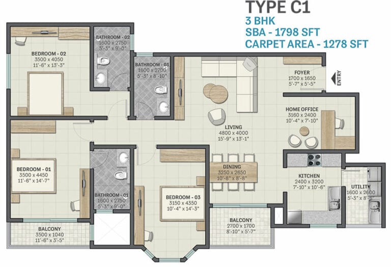 1798 3BHK - Sobha Victoria Park