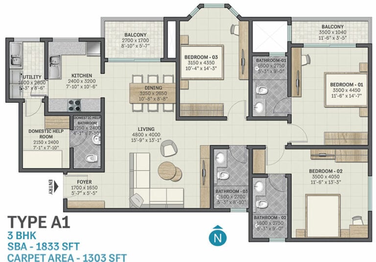 1833 3BHK - Sobha Victoria Park