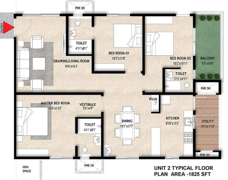 1825 3BHK - Mahaveer Crystal Garden