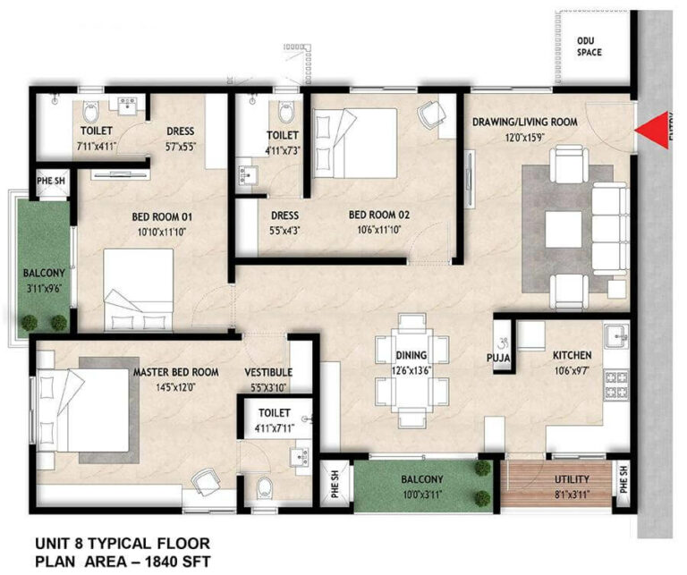 1840 3BHK - Mahaveer Crystal Garden