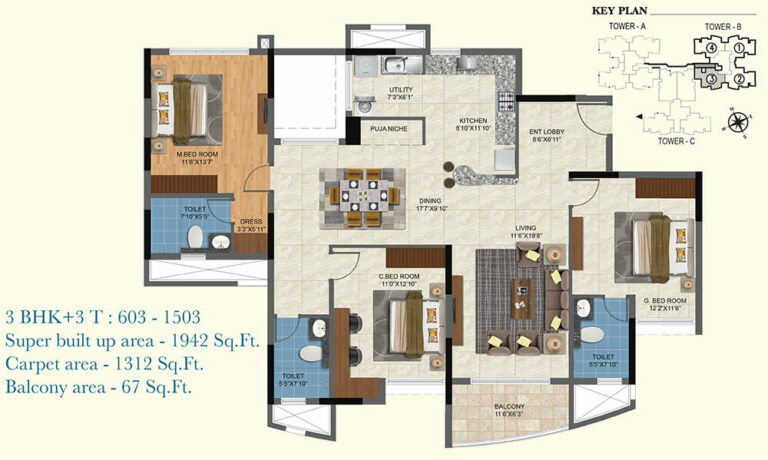 1942 3BHK+3T - Salarpuria Sattva Aqua Vista