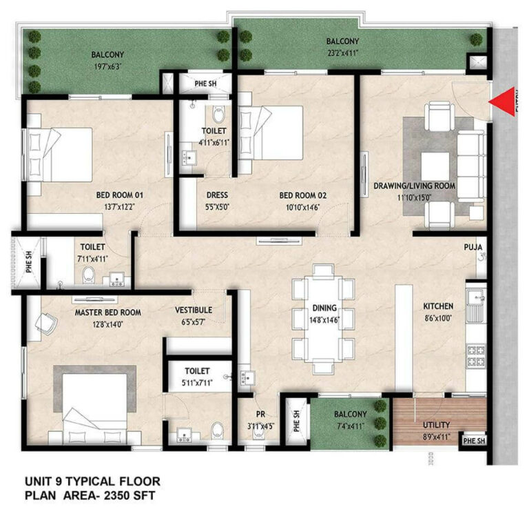 2350 3BHK - Mahaveer Crystal Garden