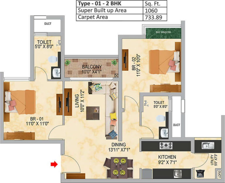 1060 2BHK - SNN Raj Serenity Gardens Phase 2