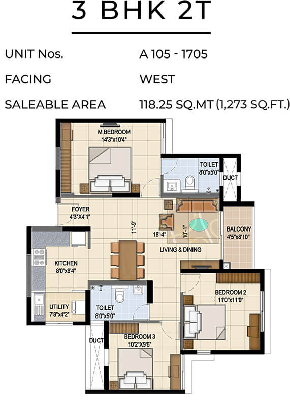 1273 3BHK 2T - TVS Emerald Jardin
