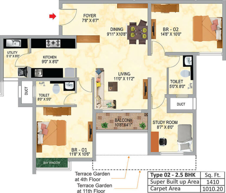 1410 2.5BHK - SNN Raj Serenity Gardens Phase 2