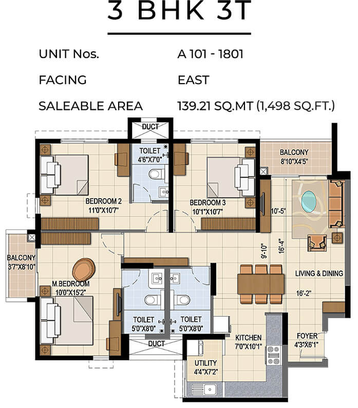 1498 3BHK 3T - TVS Emerald Jardin