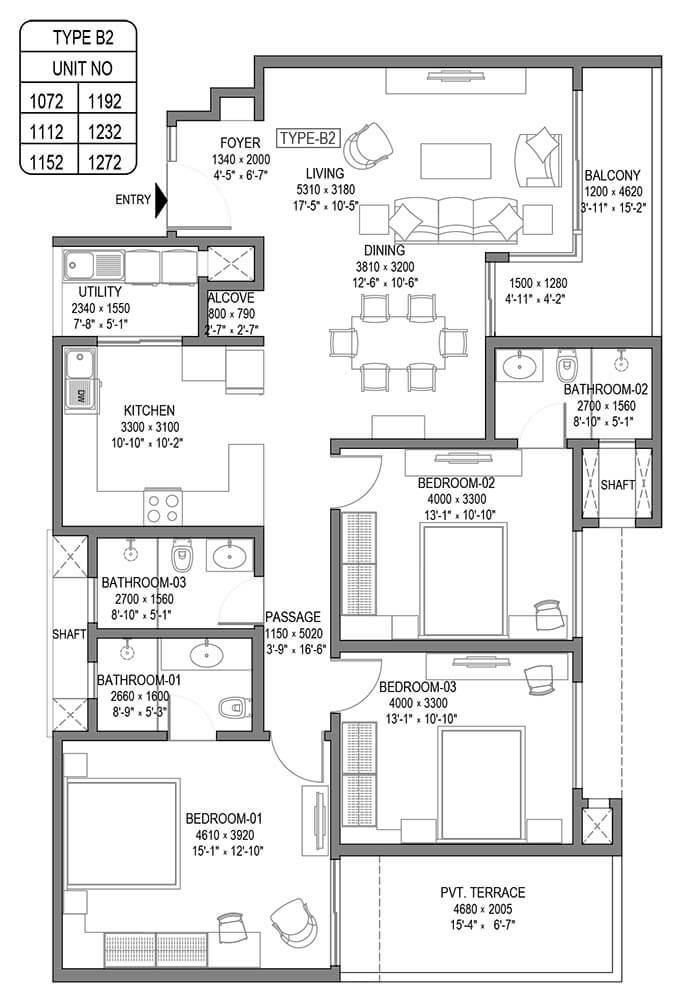 Type B2 3BHK - Sobha Royal Crest