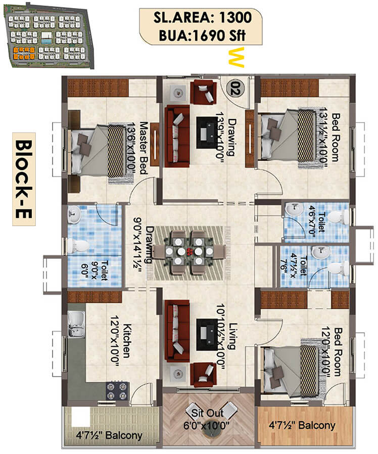 1690 3BHK E - SNR The Elite