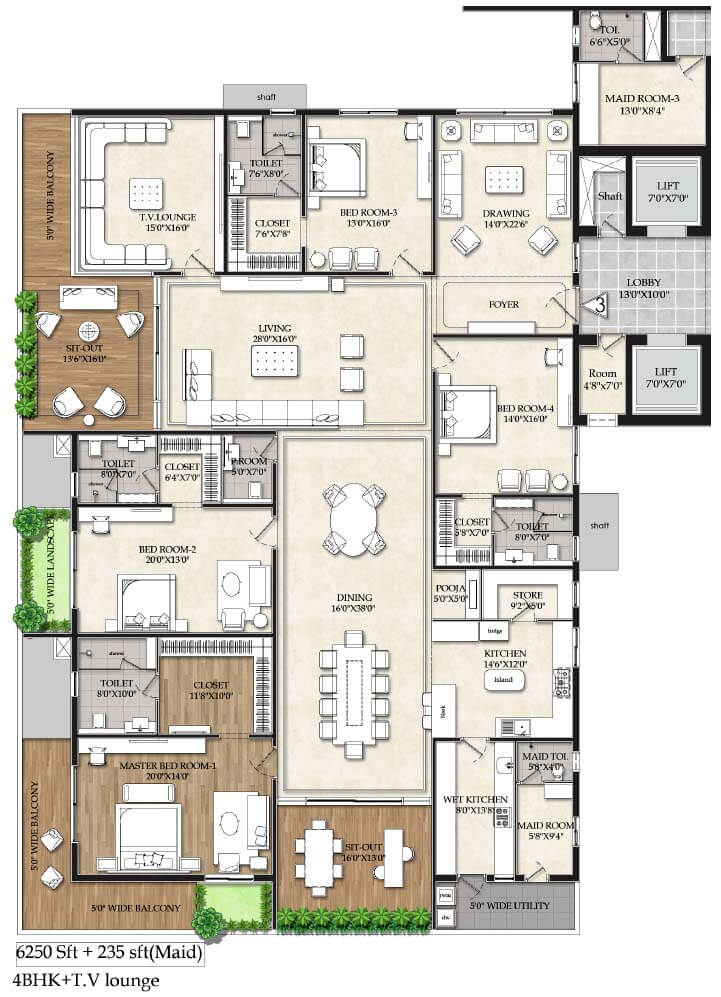 6250+Maid 4BHK+TV-Lounge-A - Raghava Iris