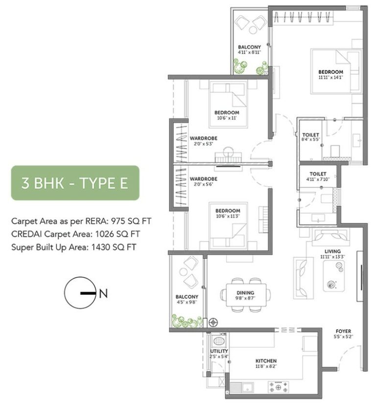 1430 3BHK - Assetz 63 Degree East Tower E