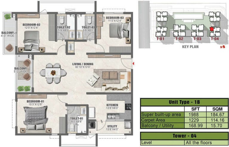 1988 3BHK 1B - Prestige Clairmont